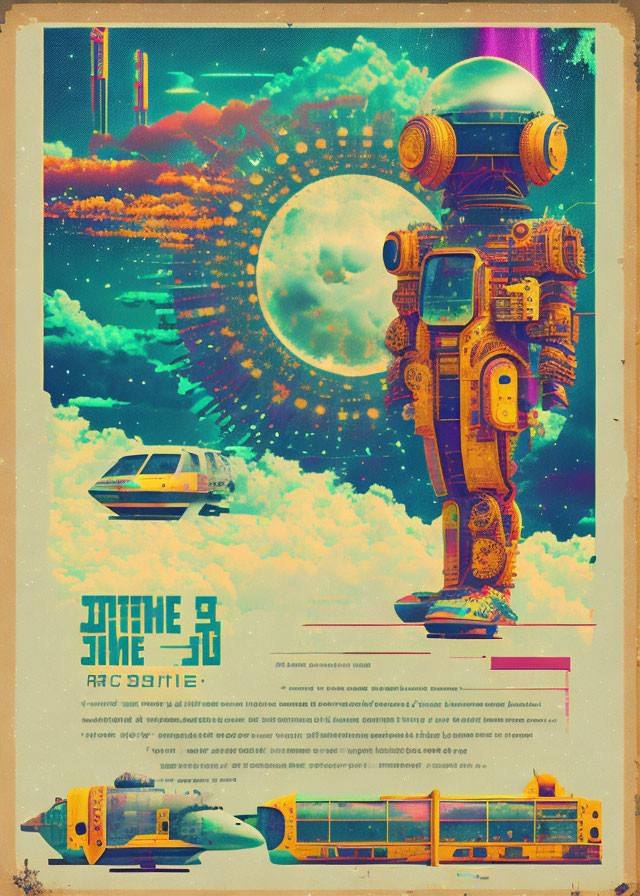 Vintage Sci-Fi Poster with Giant Robot, Spaceship, and Celestial Bodies in Retro-Futuristic