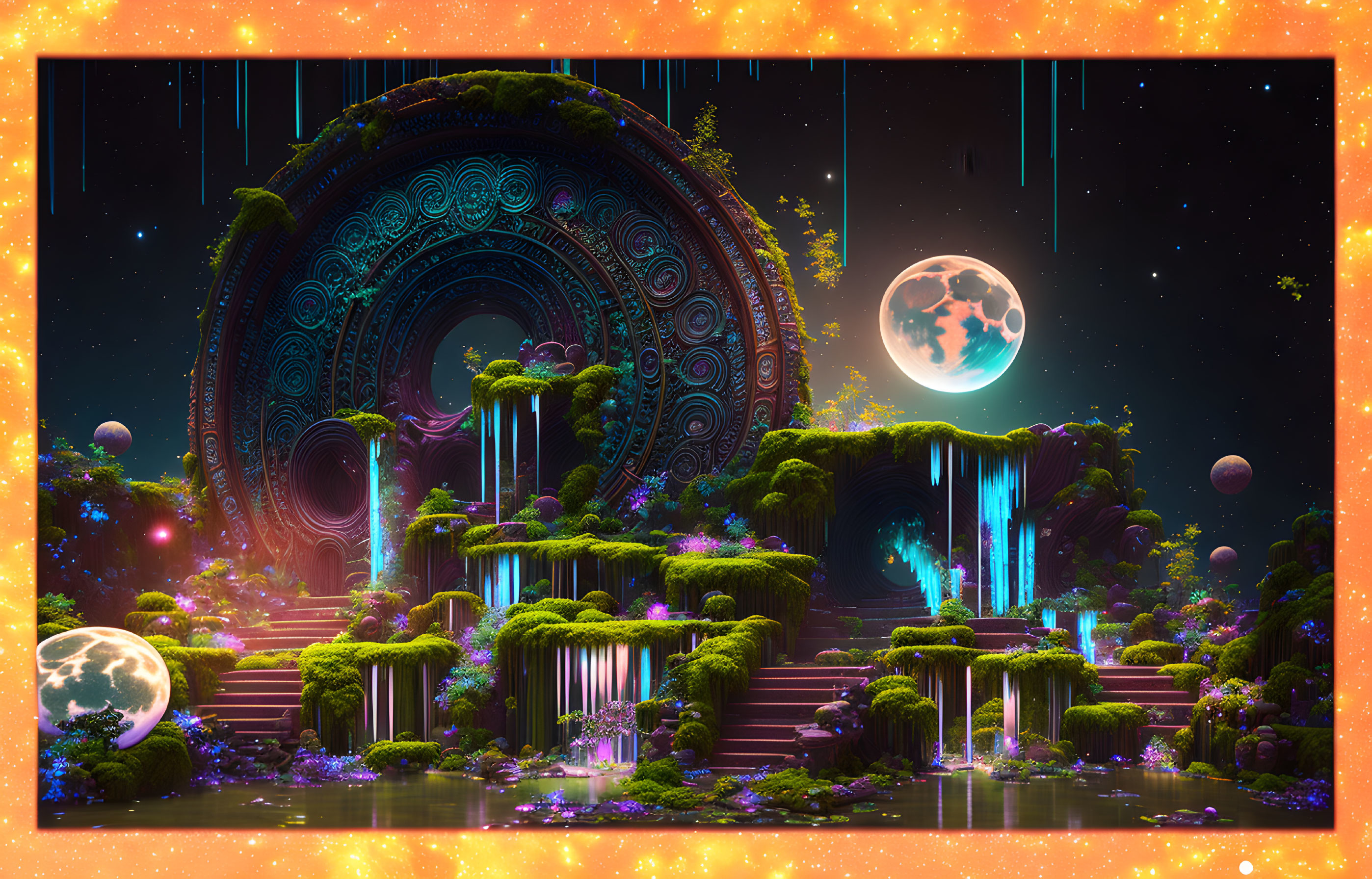 Fantastical landscape with circular portal, waterfalls, lush vegetation, moons, and starry sky