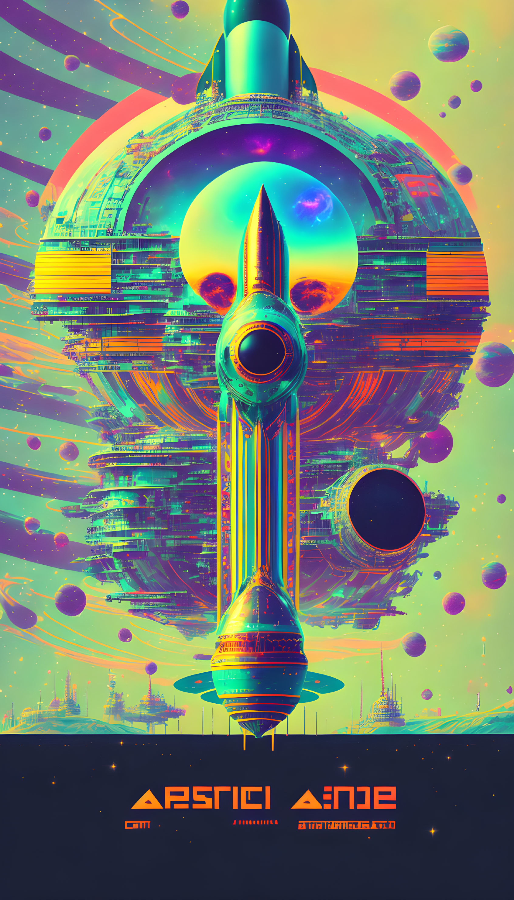 Futuristic spaceship launch poster with planet and moons in retro sci-fi style