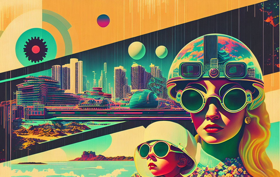 Colorful retro-futuristic illustration of two figures with goggles in a futuristic cityscape.