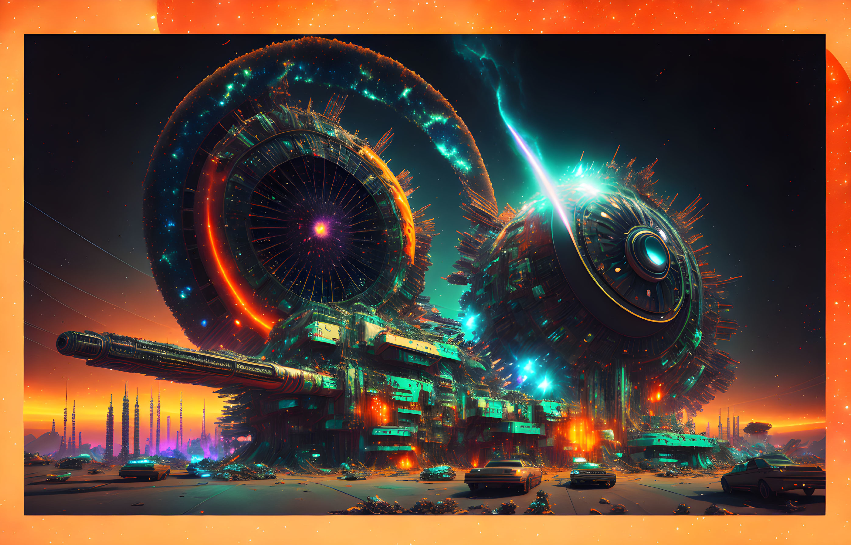 Futuristic sci-fi scene with two large wheel-like structures in starry sky