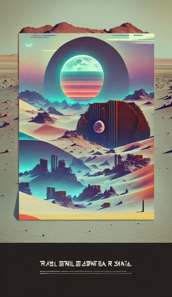 Alien desert landscape poster with large planet and moon in sky