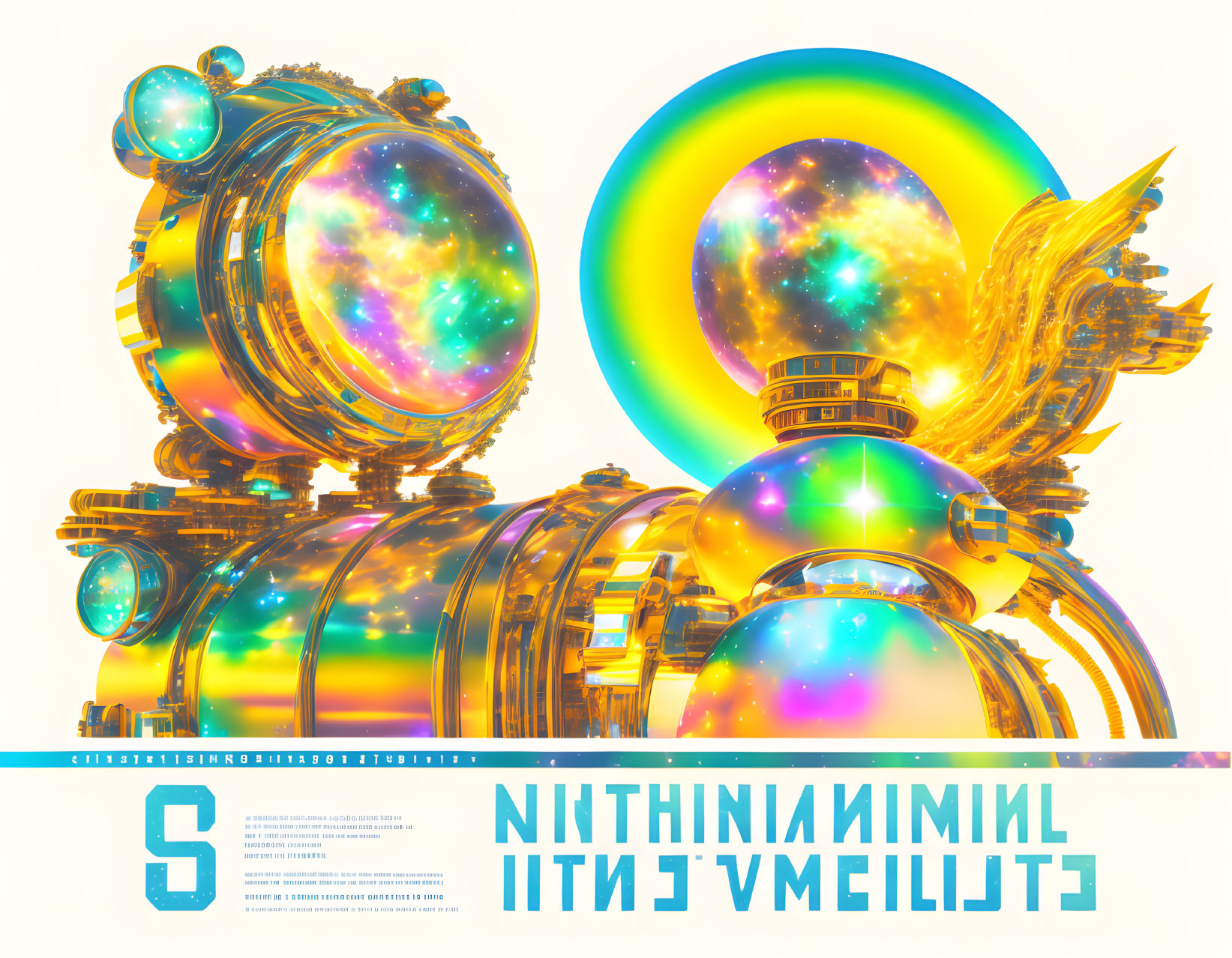 Abstract artwork: Cosmic spheres in neon colors with futuristic golden winged structures