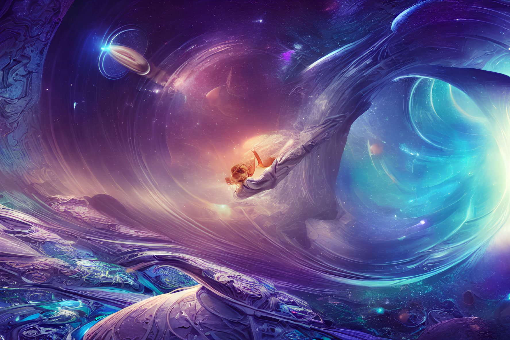 Person floating in surreal cosmic scene among space nebulae, galaxies, and planets