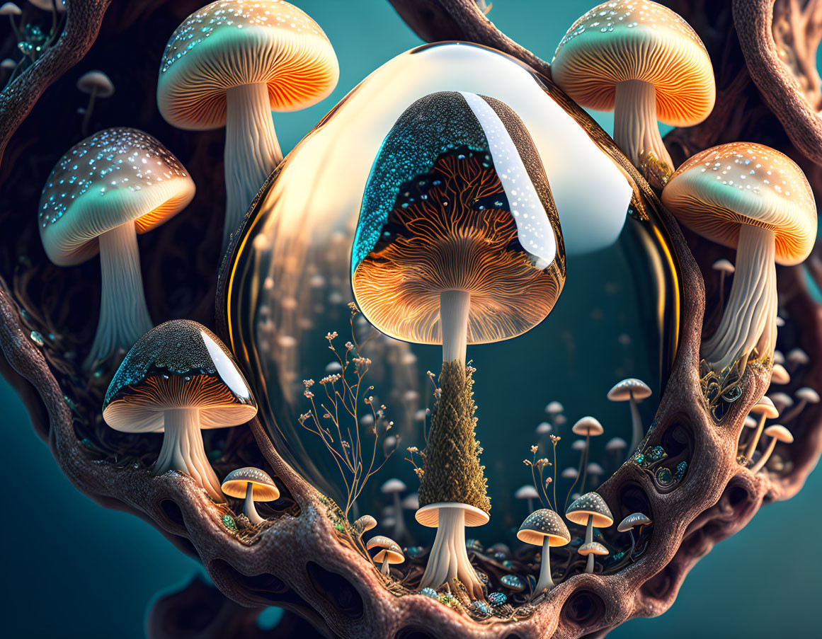 Luminous oversized mushrooms in hollow tree structure on teal background