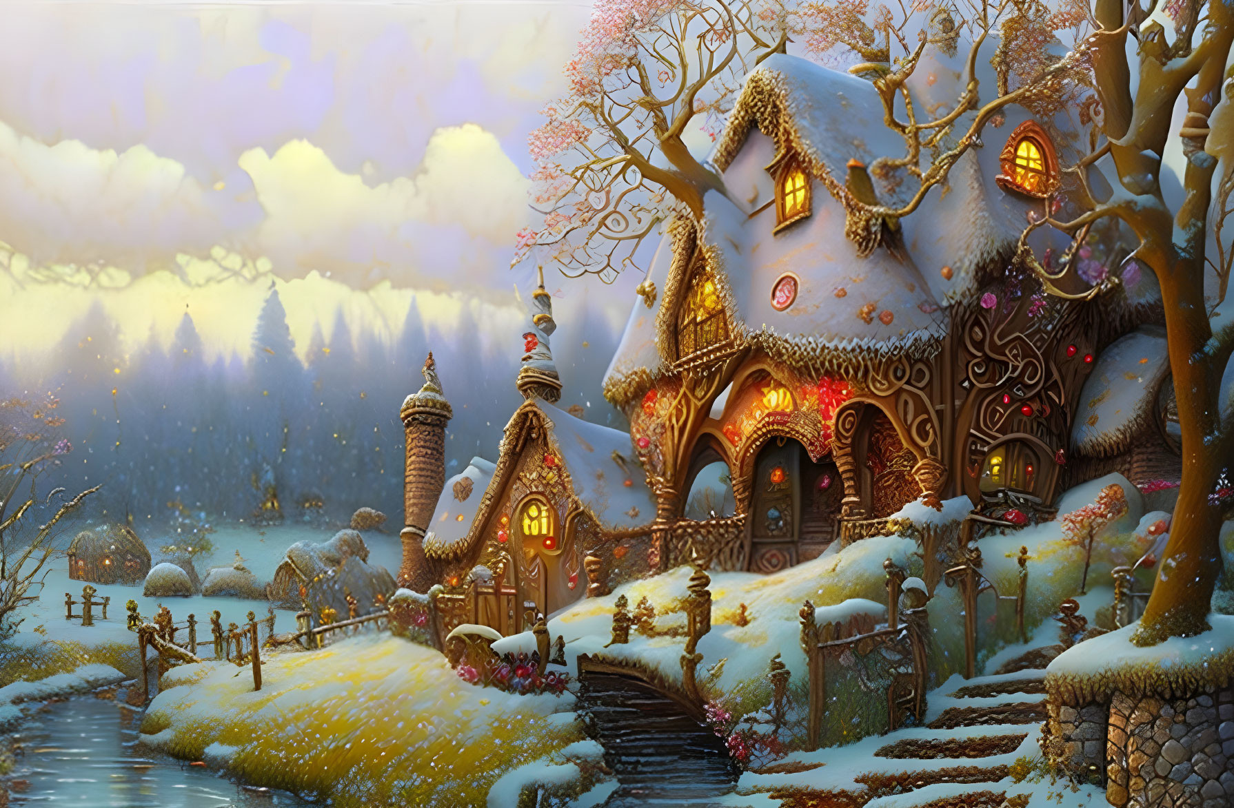 Whimsical winter scene with gingerbread-style house in snow