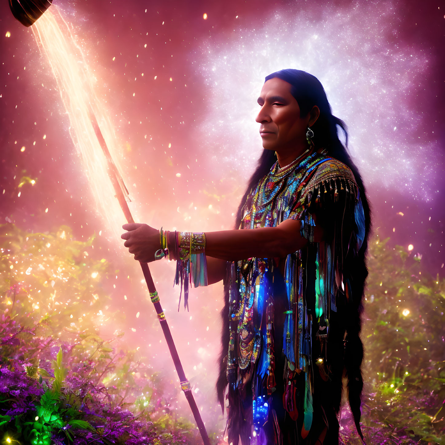 Indigenous person in traditional attire under cosmic starry sky with light beam