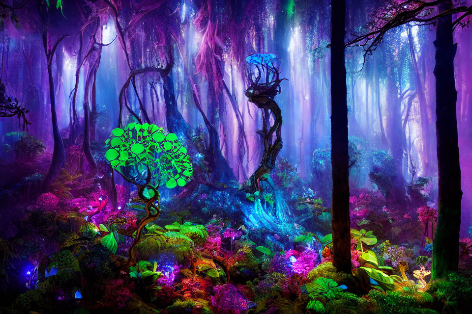 Neon-lit fantasy forest with glowing plants and mist