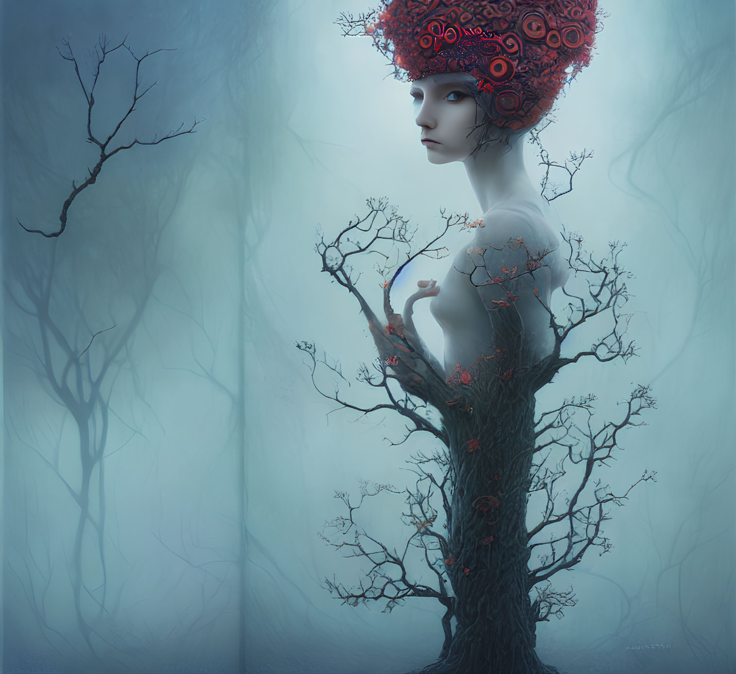 Surreal human-tree fusion with red floral headpiece in misty forest