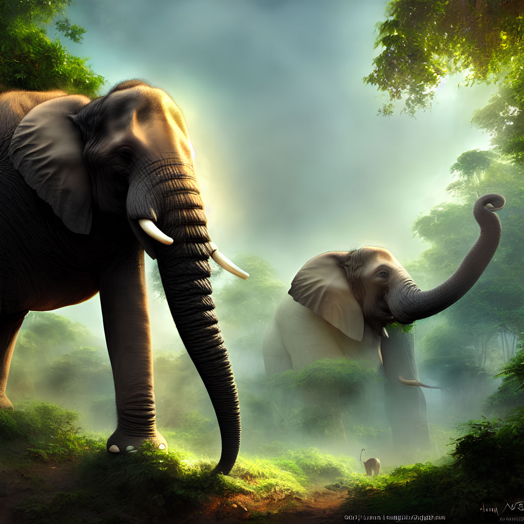 Misty forest scene with two elephants and sun rays