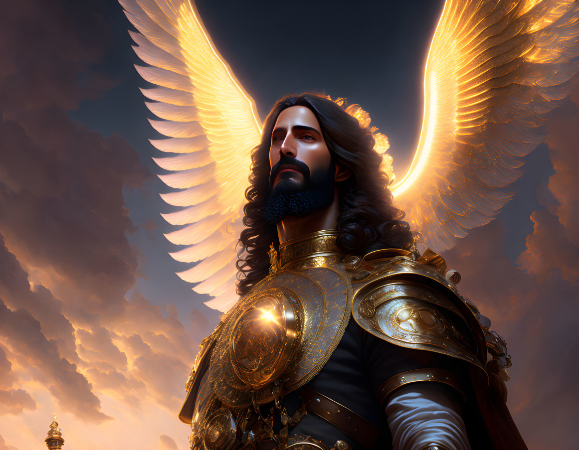 Golden-winged Angelic Warrior in Divine Armor under Dramatic Sky