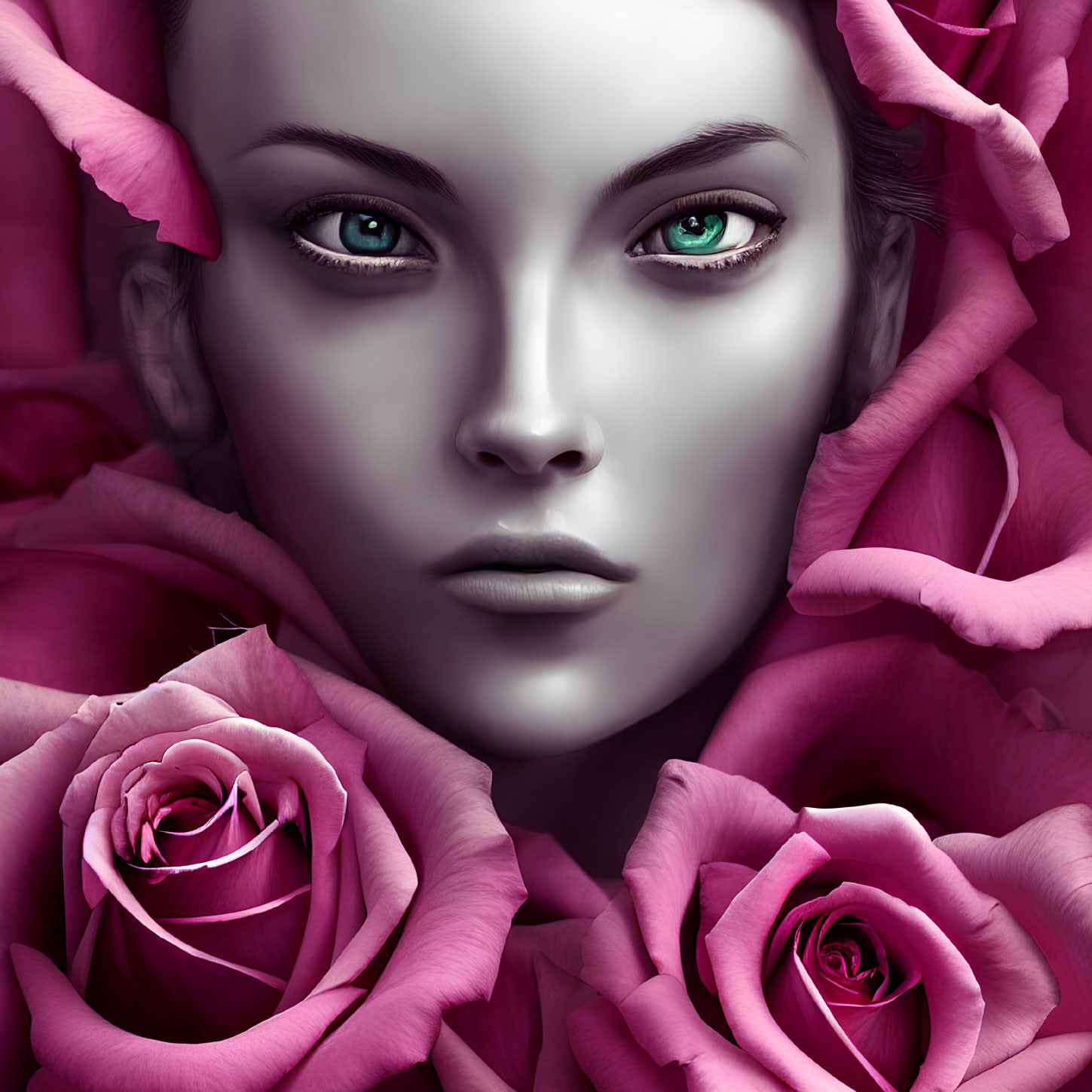 Surreal portrait of woman with porcelain skin and green eyes among pink roses