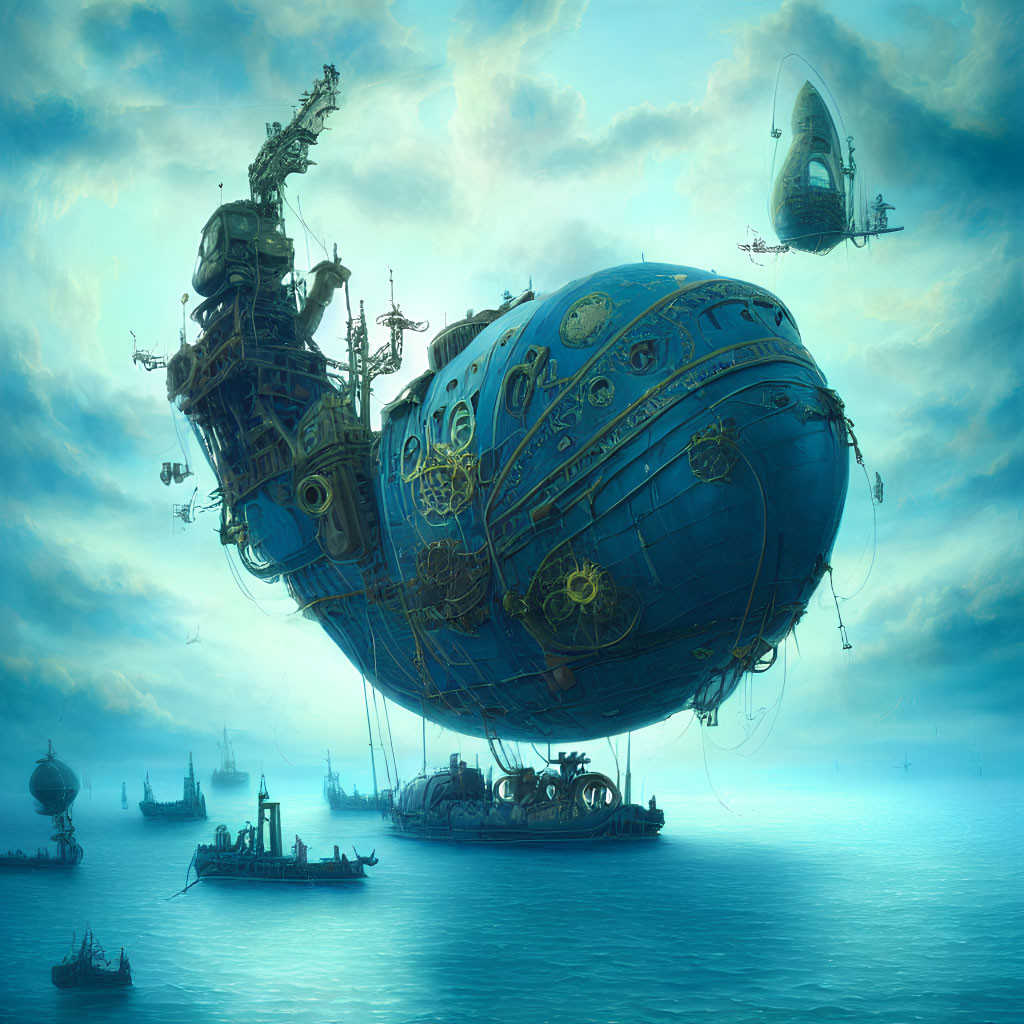 Steampunk-style airships in misty sky above calm sea