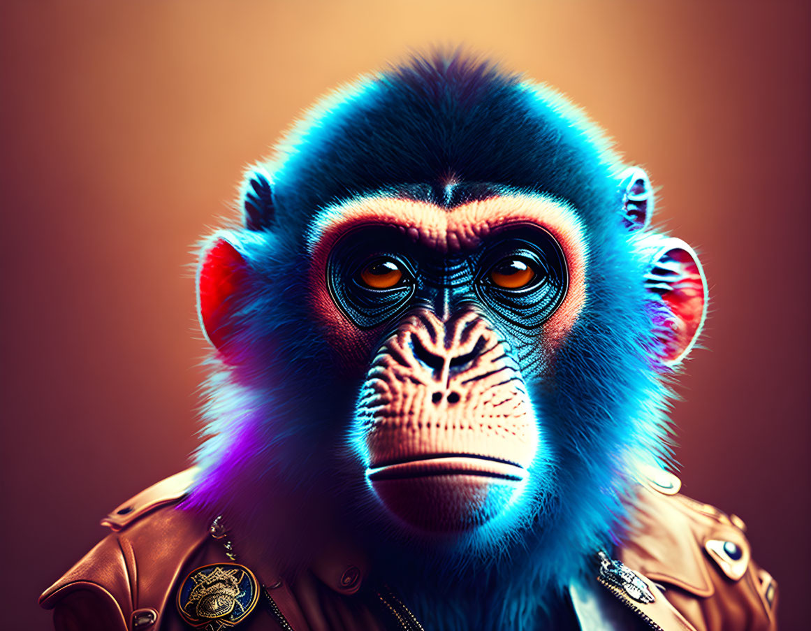 Vibrant blue and purple baboon in leather jacket with badge