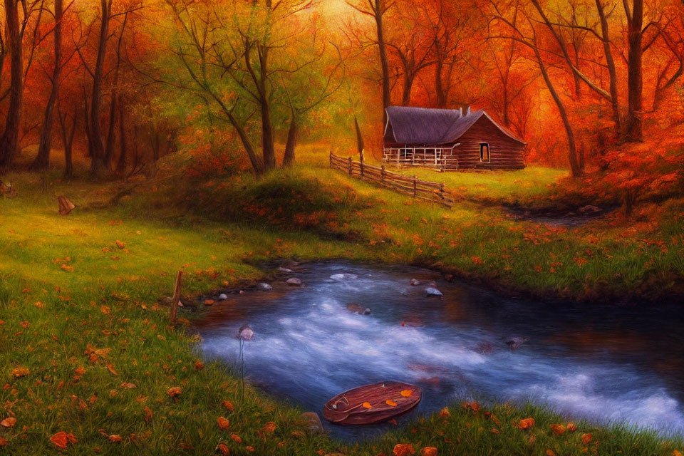 Tranquil autumn landscape with stream, boat, cabin, fall trees