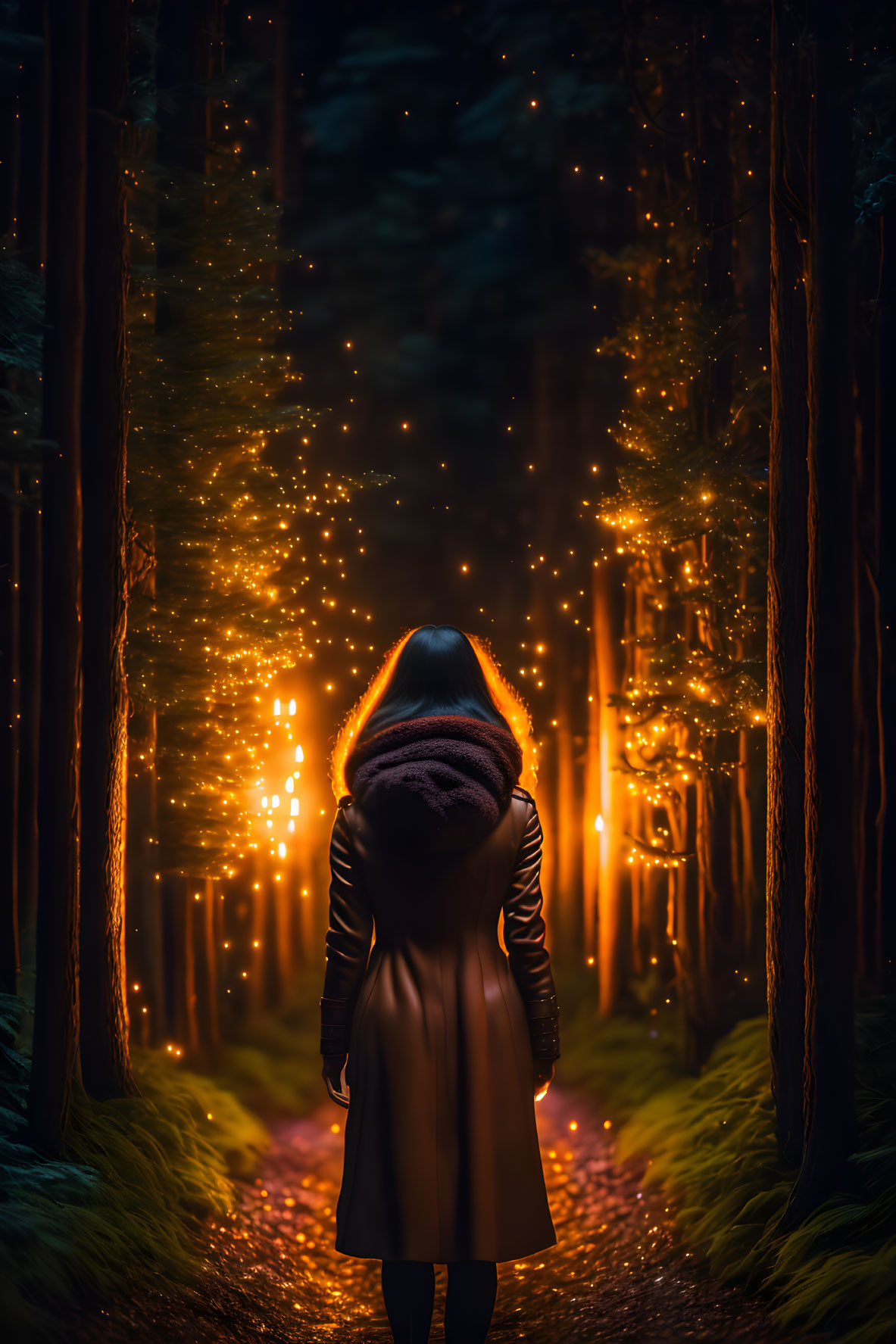 Figure in coat and hood on forest path with glowing lights.