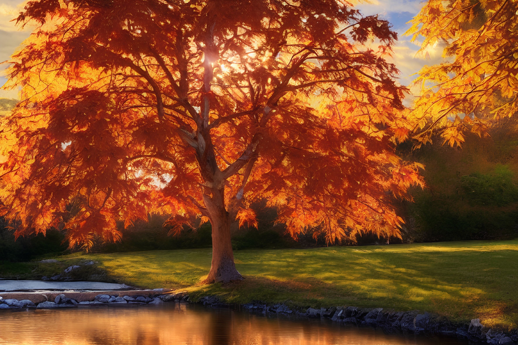 Vibrant orange tree by calm pond in sunlight glow