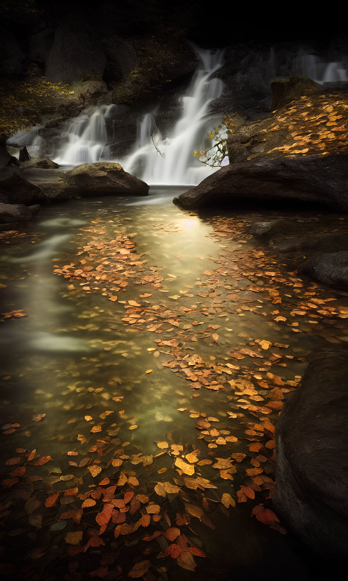 Tranquil waterfall with autumn leaves in soft light