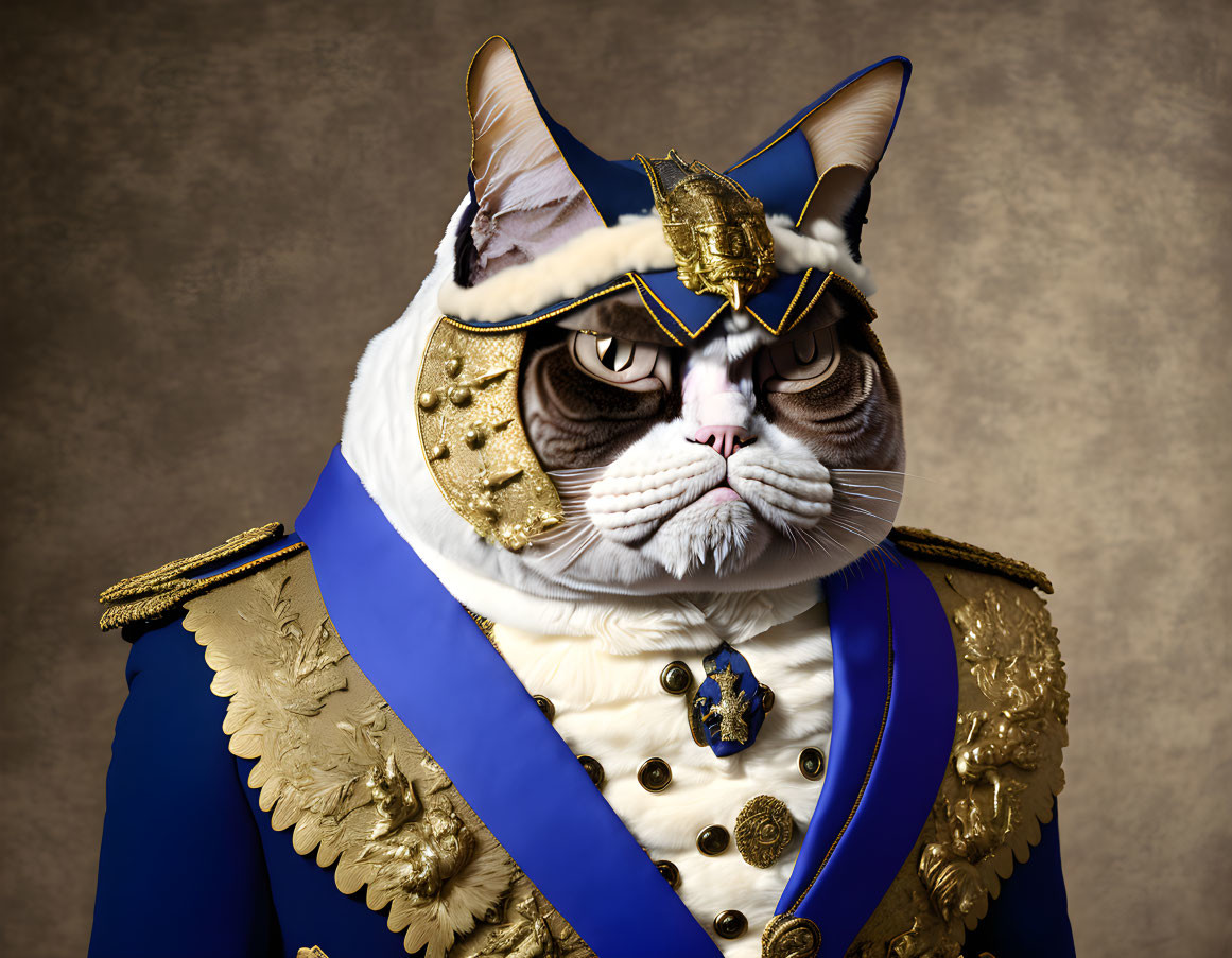 Grumpy-faced cat in Napoleonic military uniform with golden epaulettes