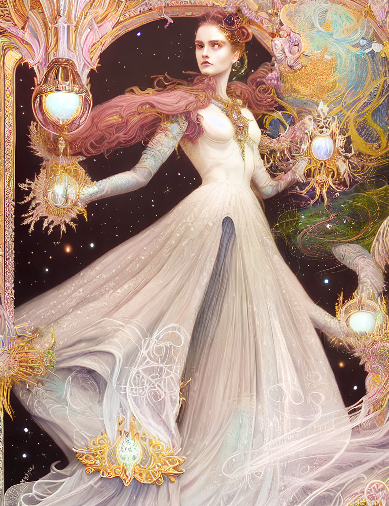 Ethereal woman in ornate gown against starry background