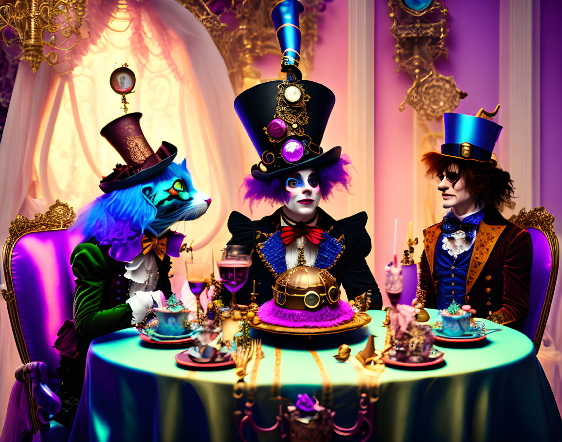 Three individuals in Mad Hatter, March Hare, and Cheshire Cat costumes at tea party