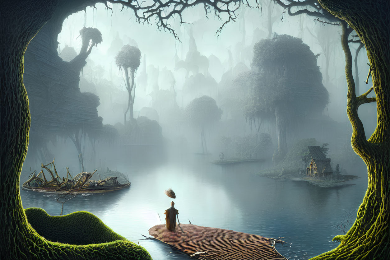 Mystical foggy forest with ancient trees, serene lake, raft, and quaint houses on islands