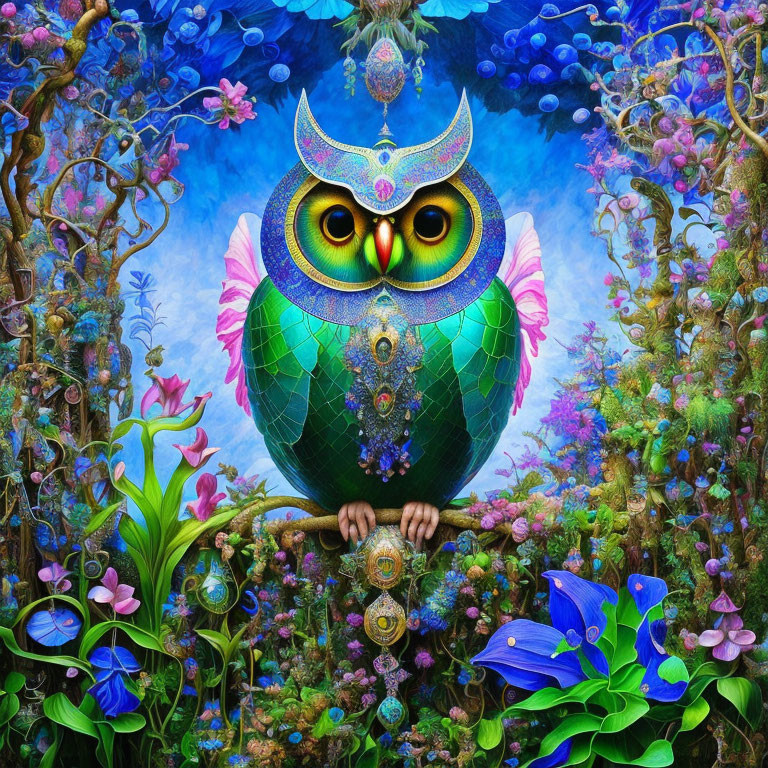 Colorful Owl Artwork in Fantastical Landscape