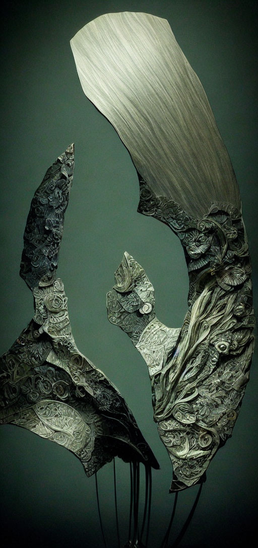 Intricately Carved Metallic Bird's Wing Sculpture on Teal Background