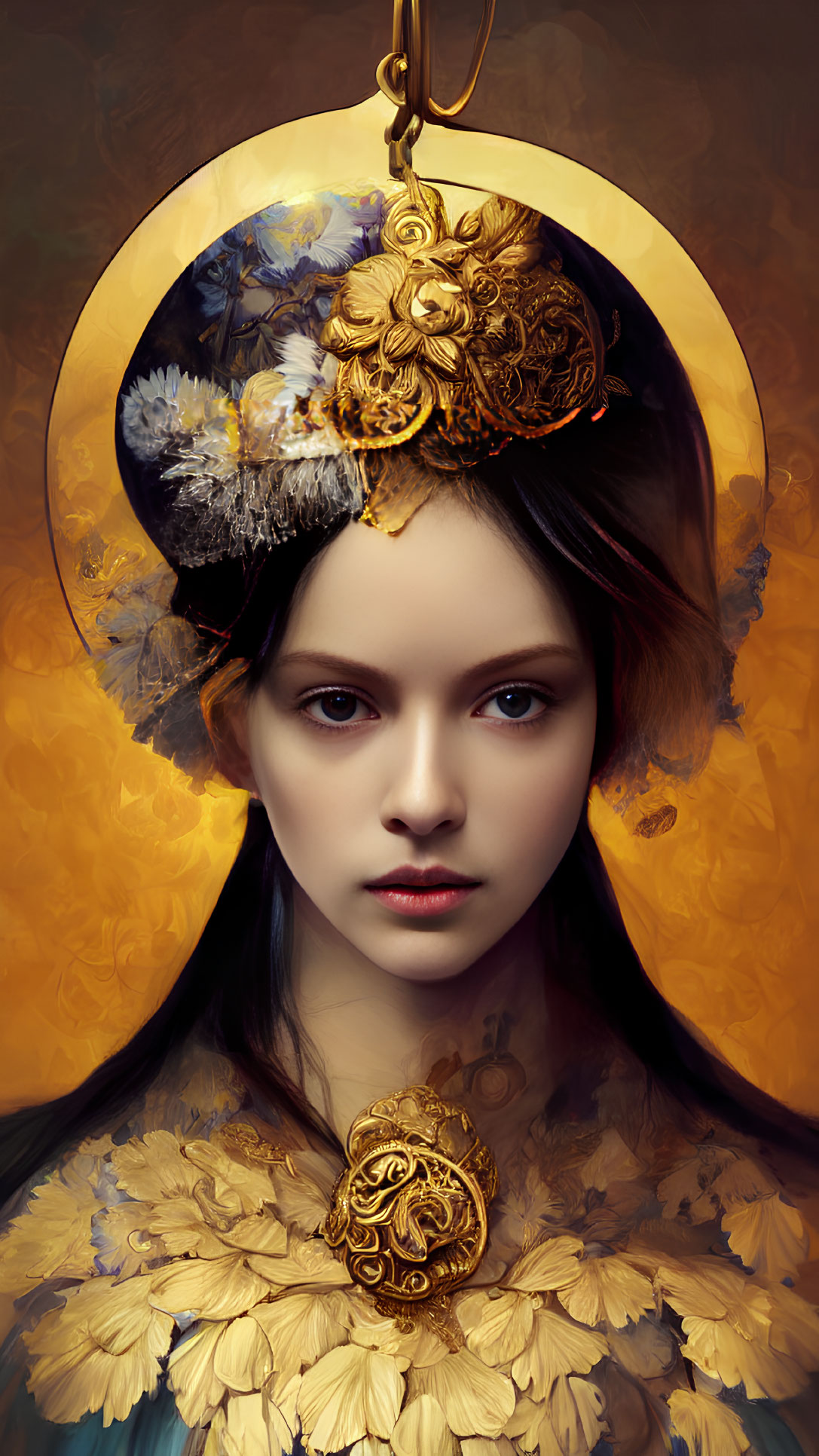 Digital portrait of woman with dark hair in gold headpiece and neckpiece with floral designs on warm-ton