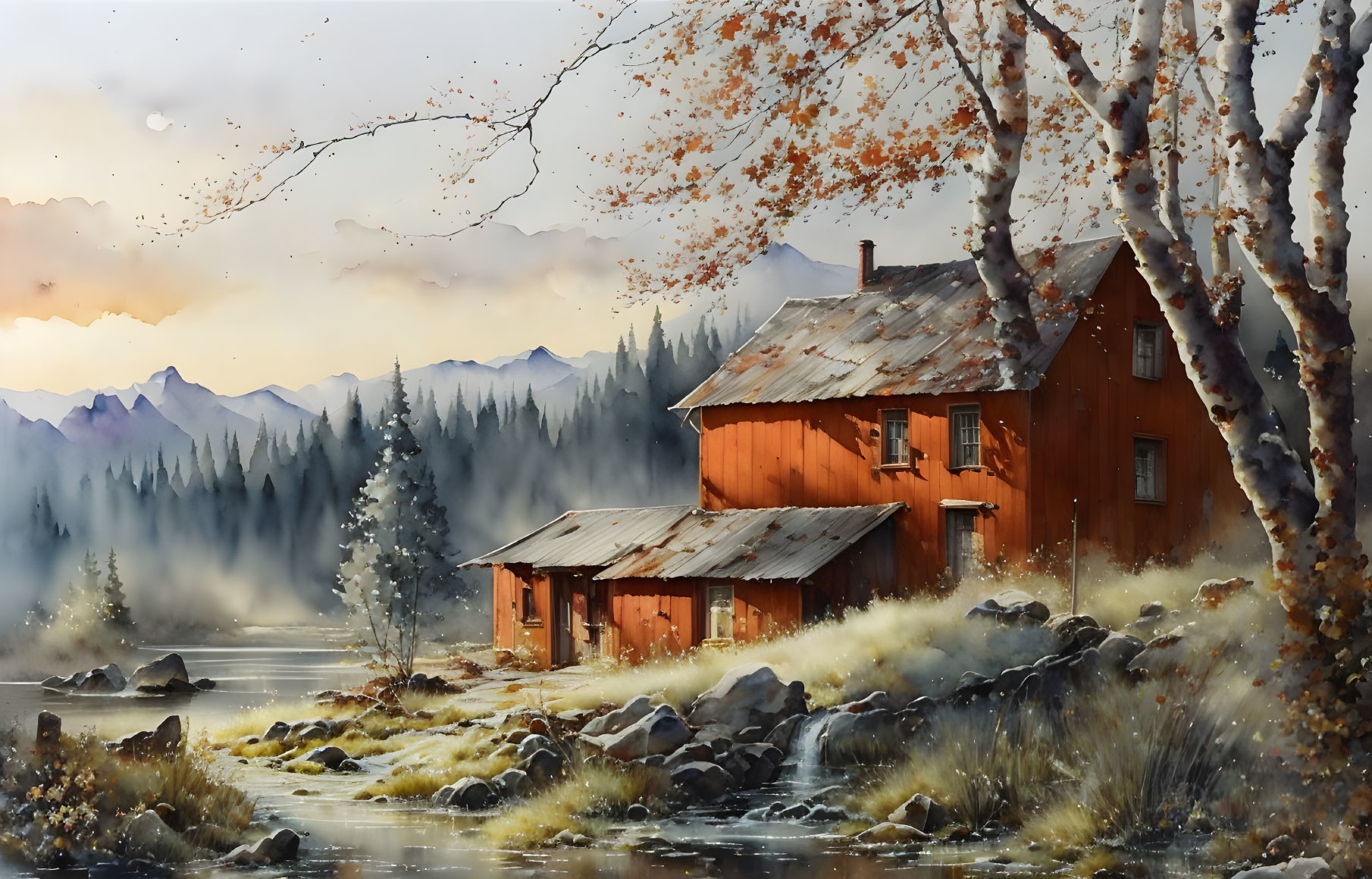 Rustic red cabin by meandering stream in autumn landscape