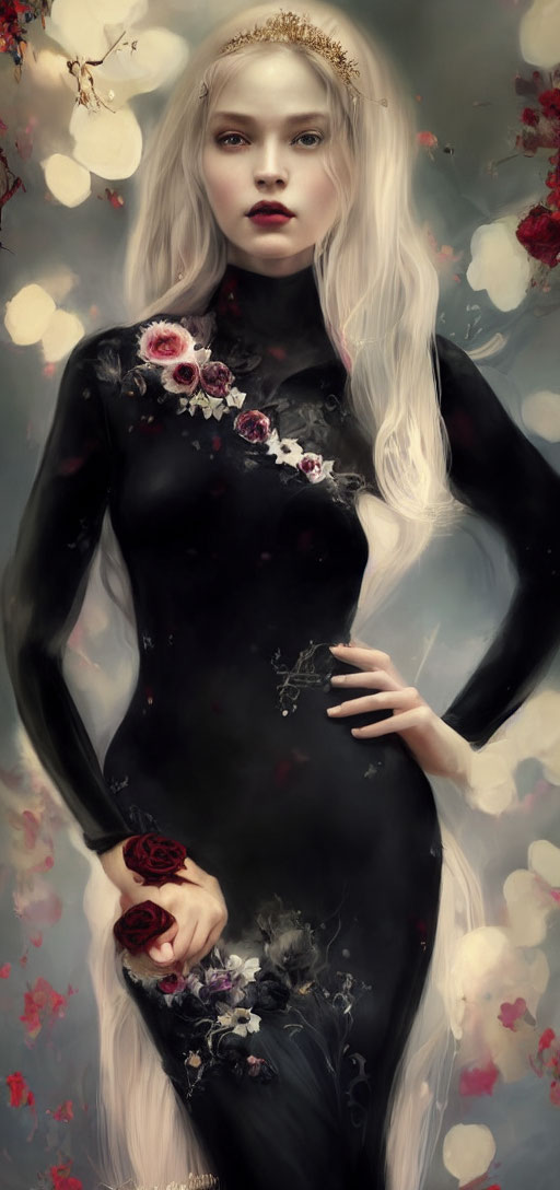 Ethereal pale woman in black floral dress with crown amidst floating petals