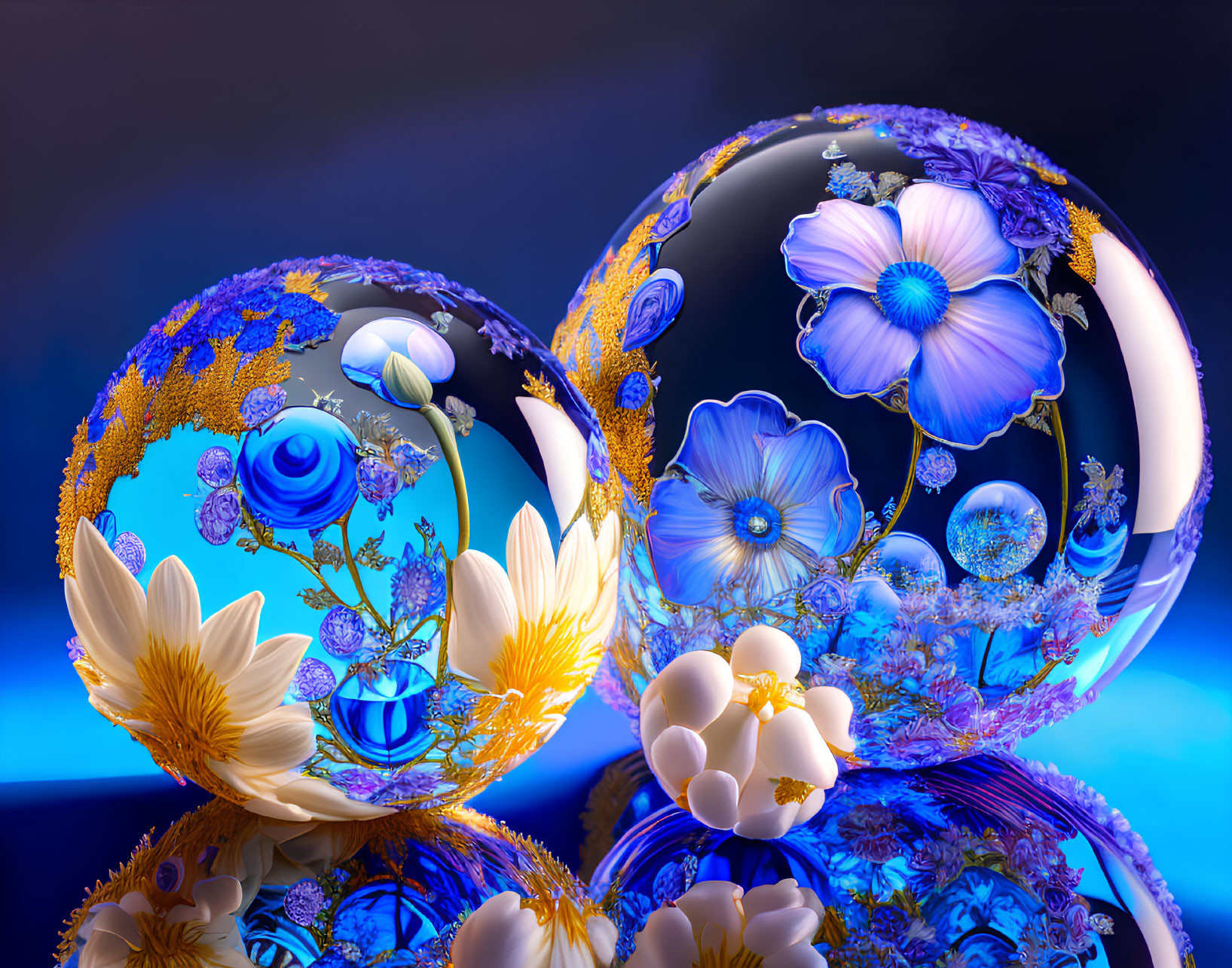 Intricate Floral Patterns on Reflective Spheres in Blues and Golds