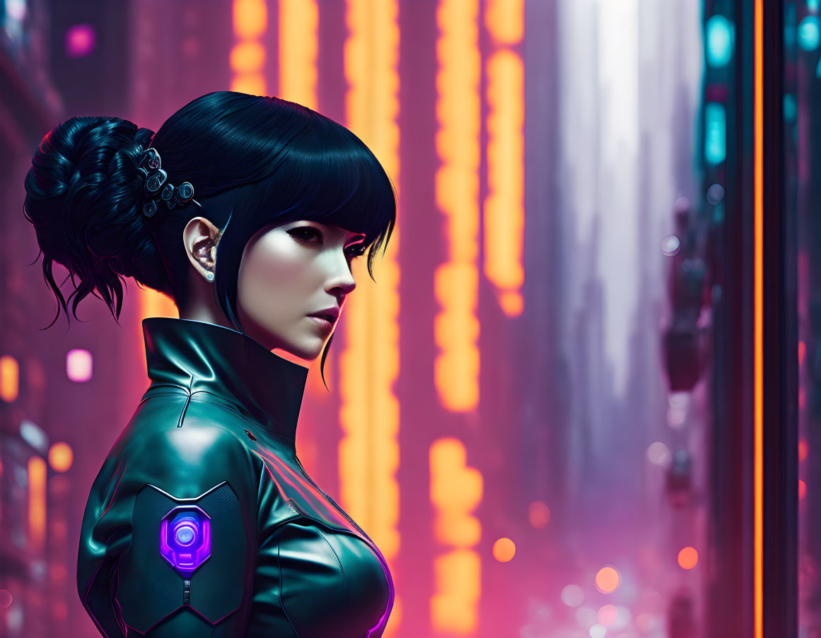 Futuristic digital artwork of woman with neon cityscape background