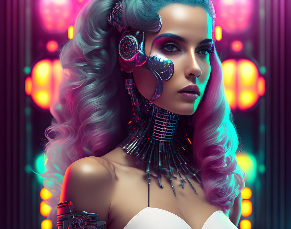 Futuristic woman with metallic neckwear and robotic arm in neon-lit setting