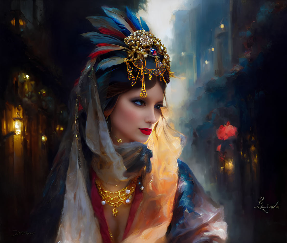 Colorful Feather Headdress Portrait with Gold Jewelry and Vibrant Shawl