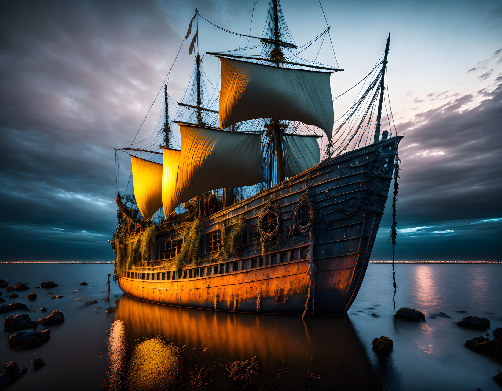 Vintage sailing ship stranded on rocky shore at sunset