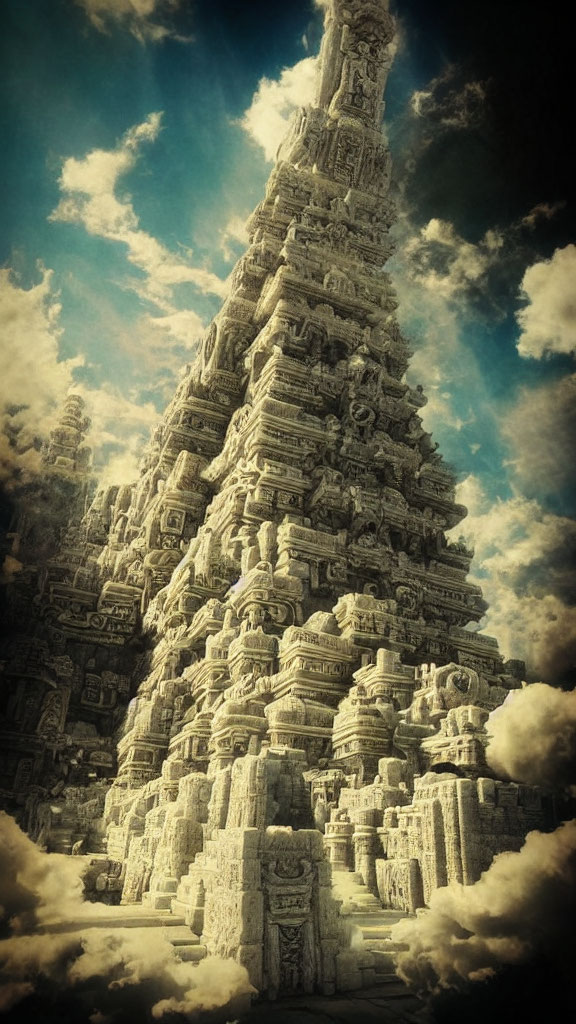 Intricate Stone Temple with Elaborate Carvings Reaching Cloudy Sky