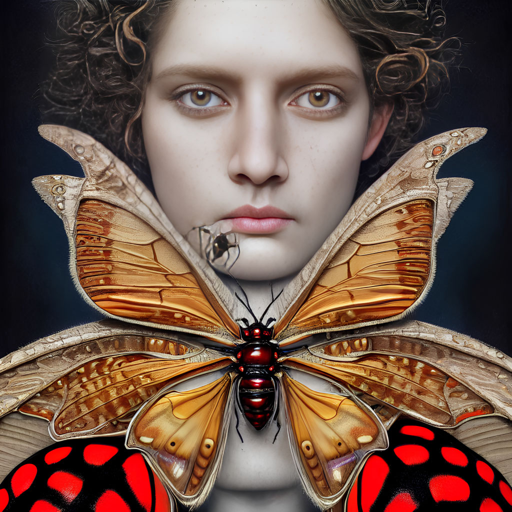 Light-skinned person with curly hair and vibrant butterfly against dark background