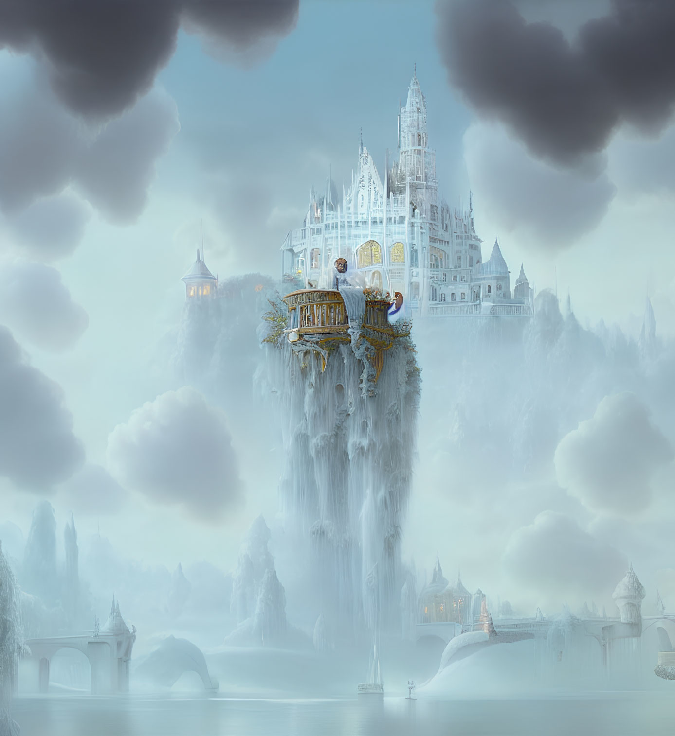 Majestic castle on floating island with waterfalls