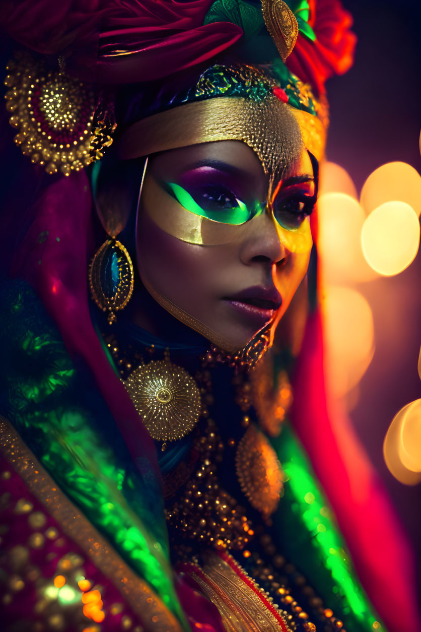 Colorful Turban and Golden Mask Portrait in Dim Light