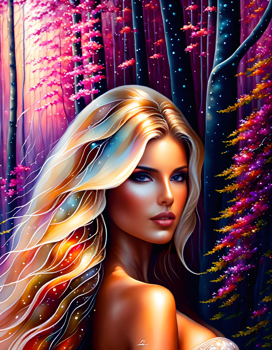 Blonde-haired woman with blue eyes in mystical forest portrait