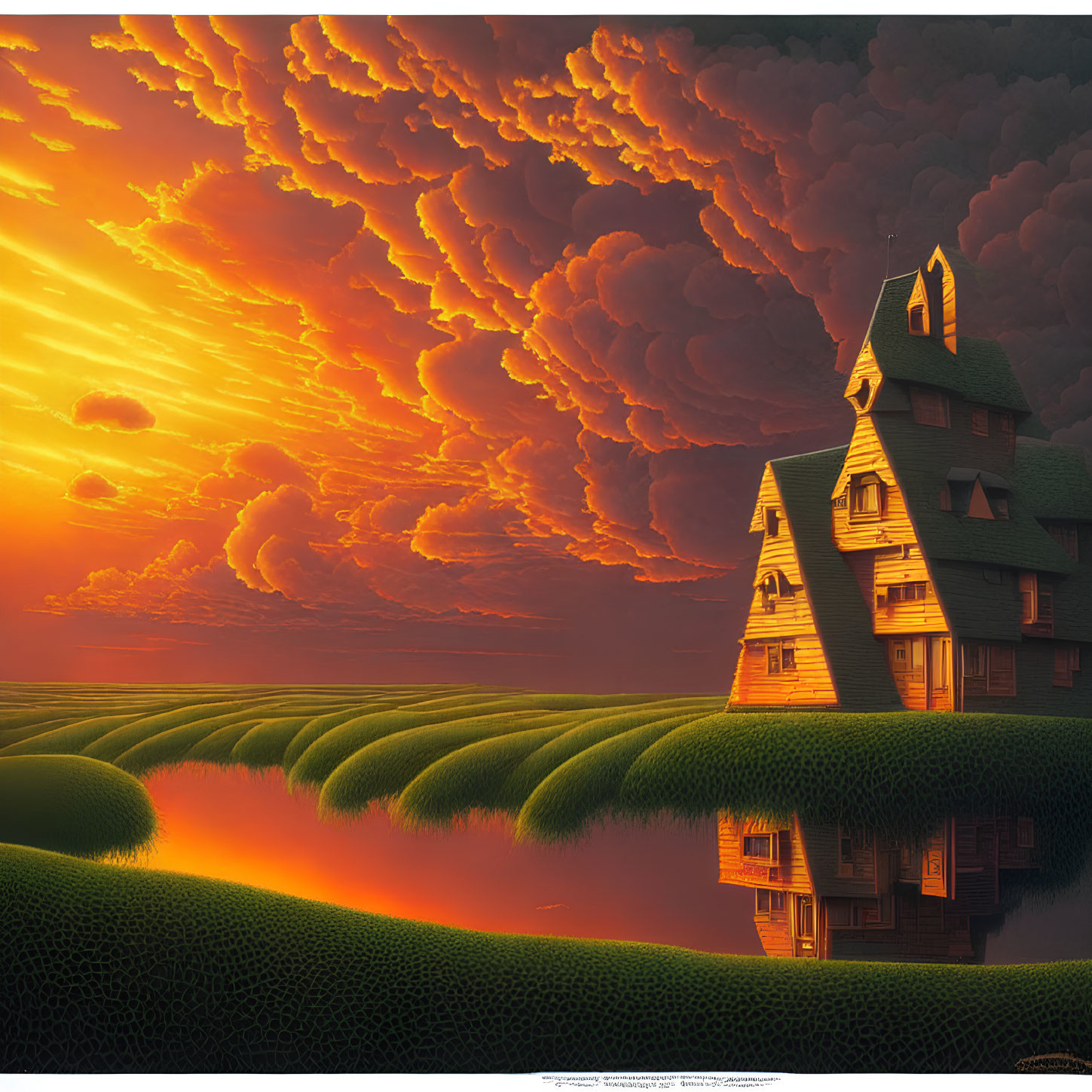 Whimsical multi-story green house on tree stump under orange sunset sky