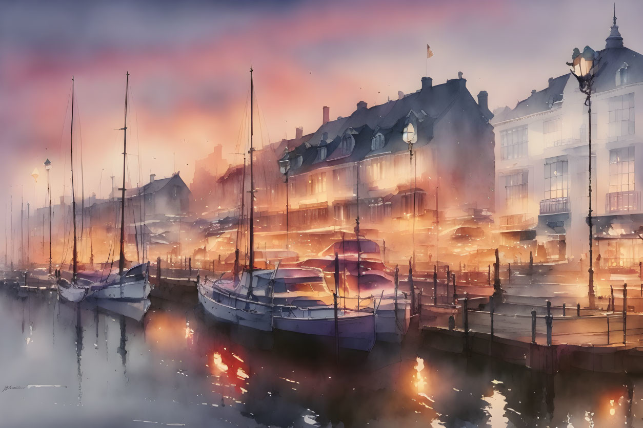 Scenic watercolor painting of dock, boats, street lamps, and buildings at sunset