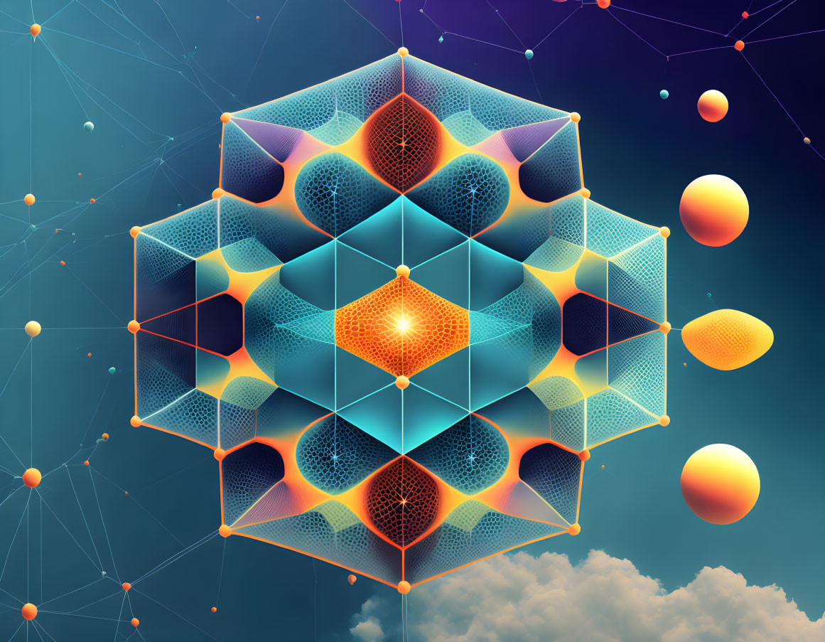 Colorful digital artwork: Geometric cube structure with glowing spheres and cosmic backdrop