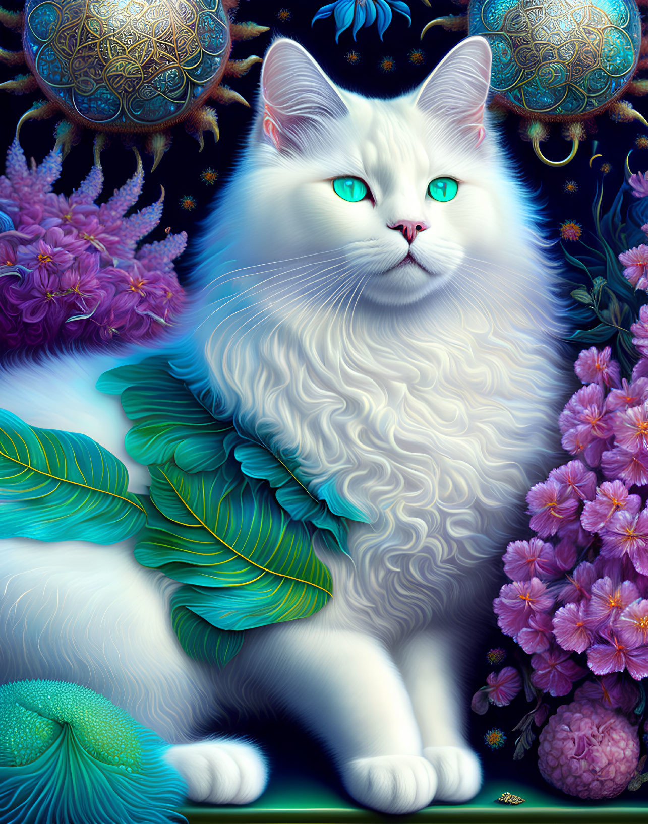 Ethereal White Cat Artwork with Teal Eyes and Fantasy Elements