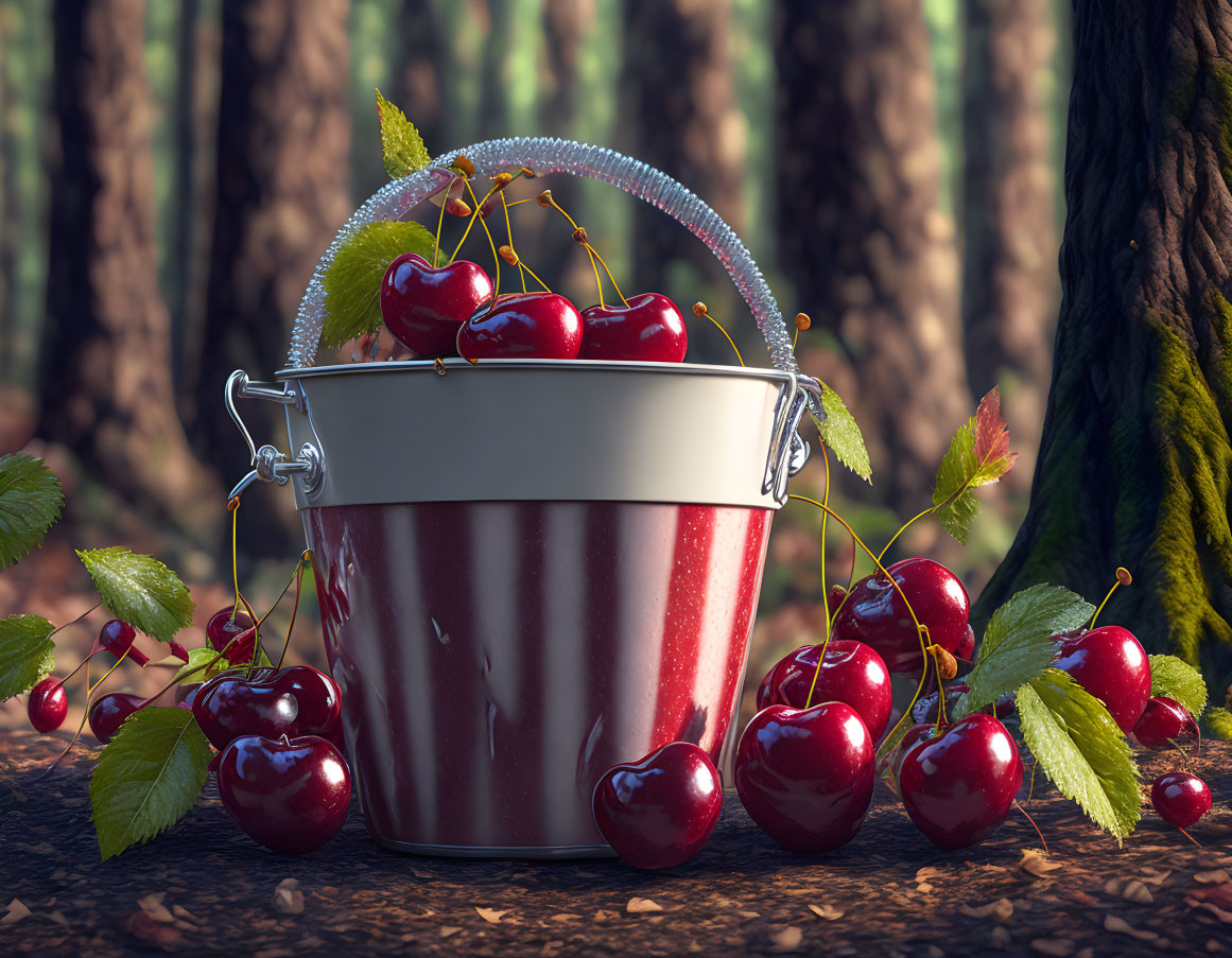 Bucket of Shiny Red Cherries in Lush Forest