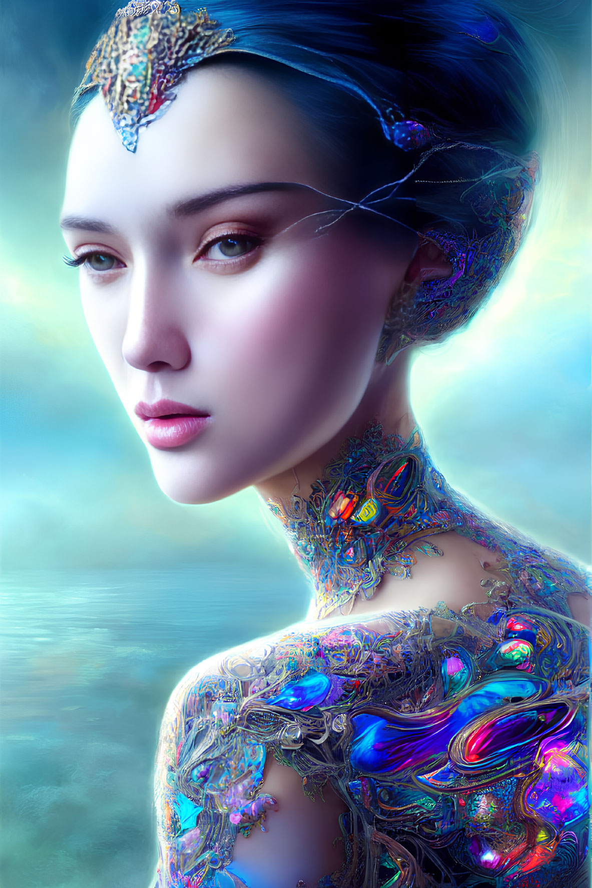 Digital artwork features woman with iridescent jewelry on soft blue background