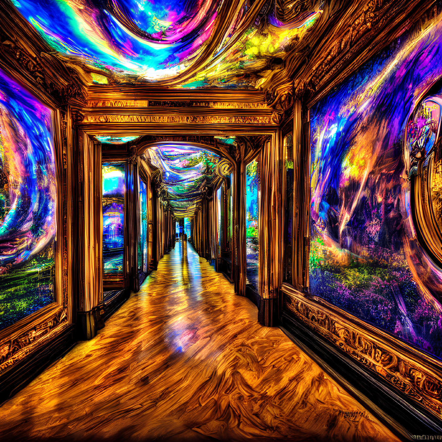 Digitally-altered classical corridor with baroque frames and cosmic art for surreal effect