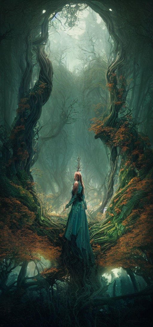 Mystical forest scene with person in blue cloak