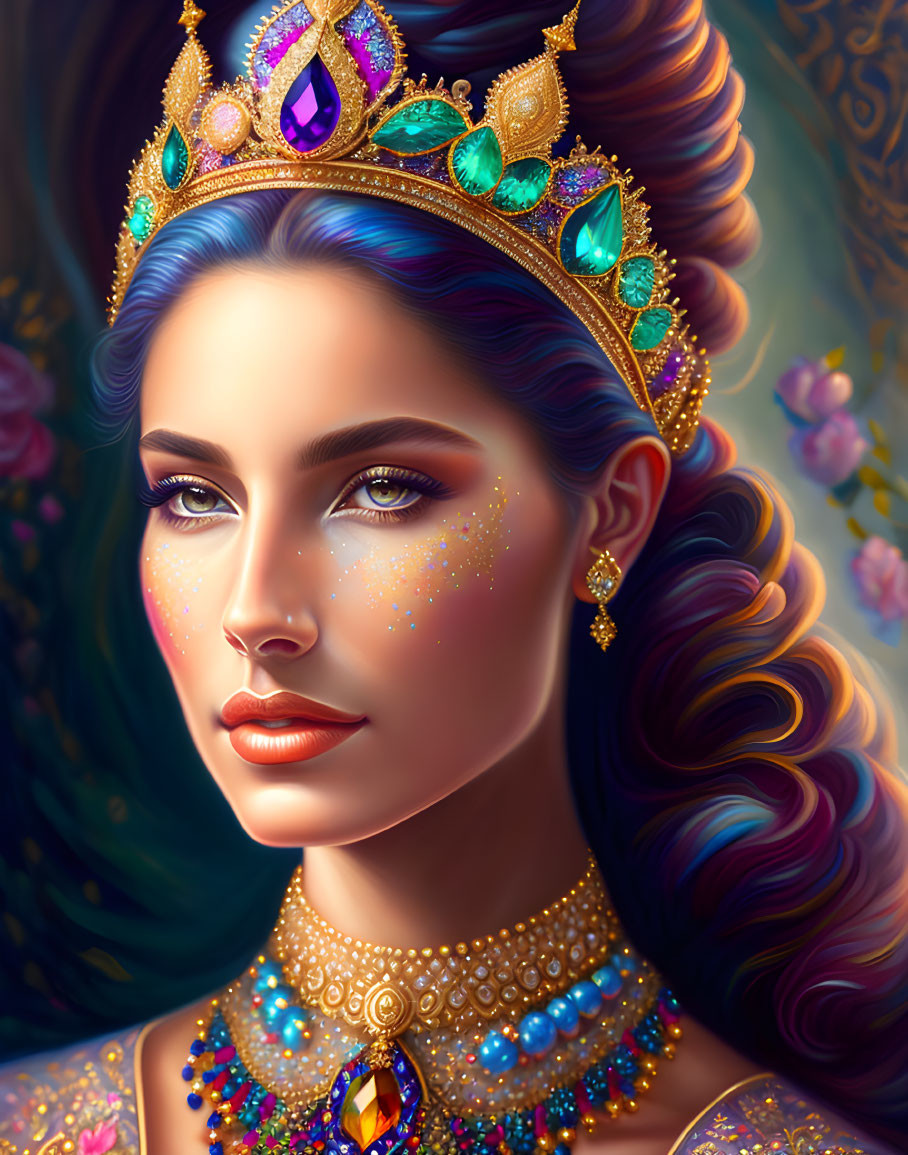 Digital portrait: Woman with blue hair, golden crown, necklace, floral background